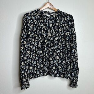 Veronica Beard Black Floral Stretch Silk Long Sleeve Blouse Size 12